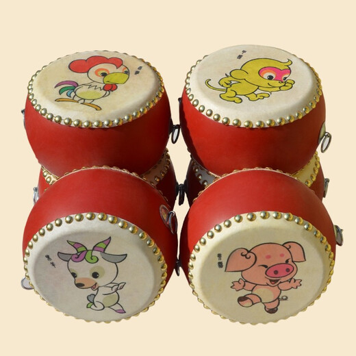 Netchild Chibe Drum Children's Toys Cowhide Drum Baby Zodiac Small Drum Instruments Kindergarten Hand-pat drum Children's gongs and drums rhythm beating drums 15cm [New] Happy Tiger