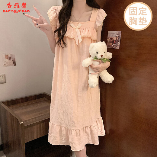 香雅馨夏天公主风棉质吊带睡裙女夏季薄款带胸垫睡衣少女中长款连衣裙 9905黑格 2XL