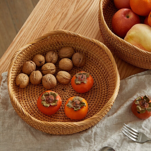 Jiaren Tiancheng rattan fruit basket, Vietnamese bamboo storage basket, living room round woven fruit plate, straw woven steamed bun basket tray product, wavy edge large size 28 9