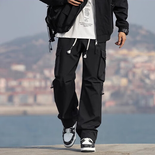 POUM American workwear pants for men in spring, autumn and winter new fashion high street straight sports functional style casual long pants JCDM-K1306 black L (recommended 105-125Jin Jin equals 0.5 kg)