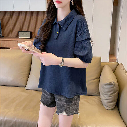 Pierre Cardin polo collar waffle short-sleeved T-shirt for women summer 2025 new loose large size short half-sleeved fake two-piece navy blue M suitable for 80-110Jin Jin is equal to 0.5 kg