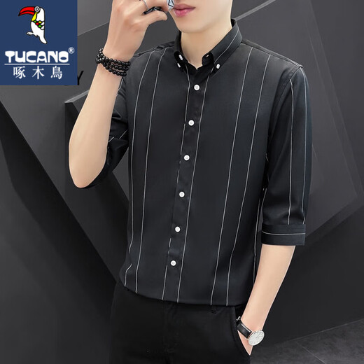 Woodpecker short-sleeved shirt men's summer new three-quarter sleeve shirt Korean style trendy mid-sleeve ice silk striped shirt top DC677 white quality ice silk style L 105-115Jin Jin equals 0.5 kg