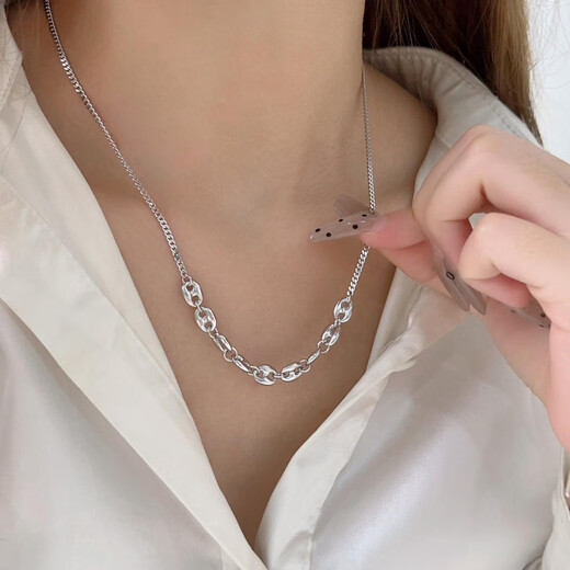 晋汝s925纯银韩版猪鼻子女项链秋冬小众设计感精工女毛衣链 xl1484 925银