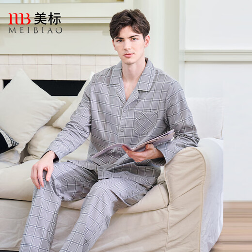 American Standard Gifts New Long Sleeve Couples Pure Cotton Pajamas Set Women's Spring and Autumn Plaid Cotton Can Be Weared Outside Home Clothes Men Temperament Gray 3XL