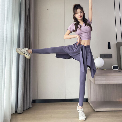 Love Dream Bird Running Sports Suit Women's Summer 2024 New Pilates Yoga Wear Gym Quick-Drying Clothes Fake Two-piece Skirt Suit/Blue + Blue M (Please refer to bust and waist for size selection)