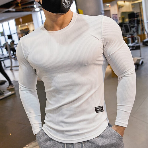 Lutielang sports tights men's long-sleeved T-shirt elastic quick-drying muscle training tops running fitness coach black L