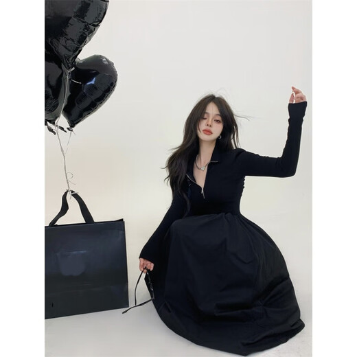 Trumpchi Vuitton large size 300Jin Jin is equal to 0.5kg Hong Kong style slim design stitching long-sleeved dress for fat mm women autumn and winter waist slimming long skirt black 2XL size recommended 150-190Jin Jin is equal to 0.5kg