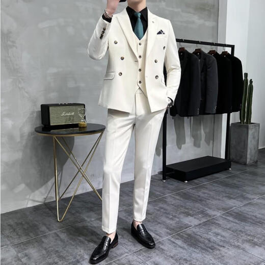 Xiancong double-breasted suit suit men's lapel collar formal casual Korean style slim suit jacket groom wedding dress white jacket + shirt + pants M
