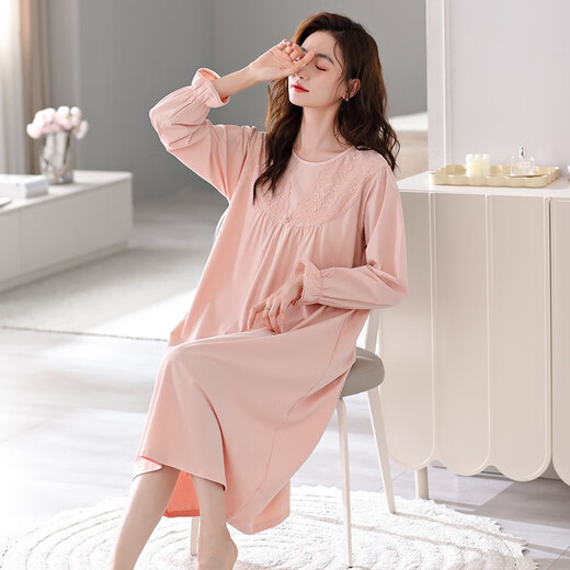 Langsha Nachthemd für Frauen im Herbst reine Baumwoll-Langarm-Brustpads Pyjamas 2023 Neue Frauen weiche und lässige Heimkleidung 673 Weichpulver (mit Brustpolster) XL [165-170 cm/120-145jin [Jin gleich 0,5 kg]]