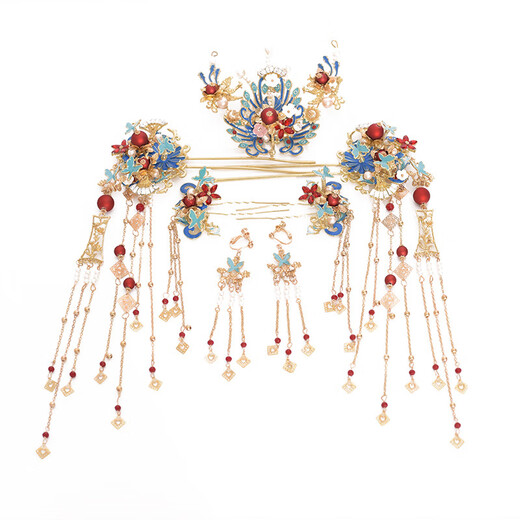 Wanbaozi Hanfu Hair Crown Women's Tassel Step-Shaping Hairpin Hairpin Top Hairpin Ancient Style Ming-made Phoenix Crown Full Set of Ancient Costume Style Headdresses Mi Xianzhong Seven-piece Set