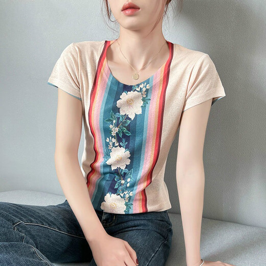 Offre spéciale, marque de luxe légère haut de gamme, nouveau T-shirt à manches courtes pour femmes d'été 2022, chemise de style occidental imprimée rétro, haut à manches mi-longues coupe slim pour femme, Blue Butterfly (7027) L (recommandé 100-120 Jin Jin équivaut à 0,5 kg)