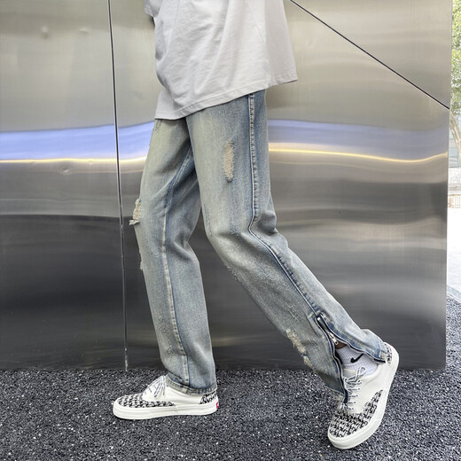 Hongtiwan Jeans Men's Summer Ripped High Street Vibe American Pantals Trendy Men Korean Style Trendy Teenage Slim Fit Blue Ripped Style YD728 L (100-120JIN [Jin est égal à environ 0,5 kg]))