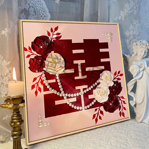 新婚结婚礼物喜字肌理画石英砂丙烯数字油画diy玫瑰装饰挂画 qx10975肌理画 50*50cm加厚实木内框-高亮颜料+