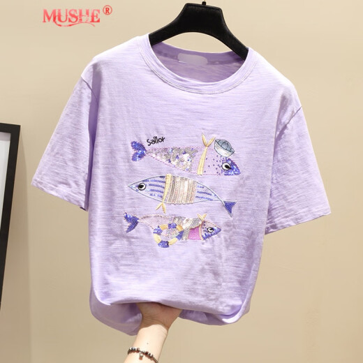 MUSHE light luxury brand women's pure cotton short-sleeved T-shirt women's embroidered sequins 2022 spring and summer new fashion age-reducing simple versatile loose Korean top bottoming shirt white M