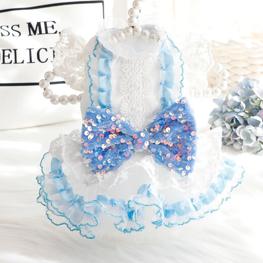 Vierbeiner Blumenhuf, schwere Arbeit handgefertigte Katzenprinzessin Rock Hunde Kleidung Frühlings- und Herbstkleidung, Laufstegpartykleid Welpenkleidung, Haute Couture Lace Blues XL-About 9-10jin [Jin gleich 0,5 kg]