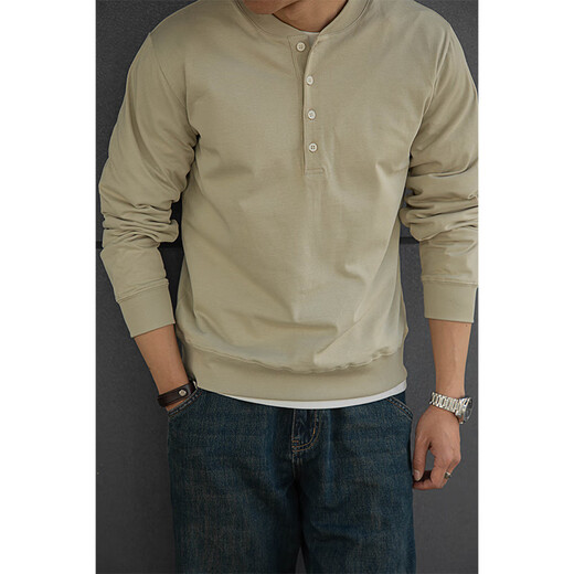 American retro heavyweight cotton baseball collar henley shirt T-shirt Ami Khaki tough guy style bottoming shirt men's spring white S