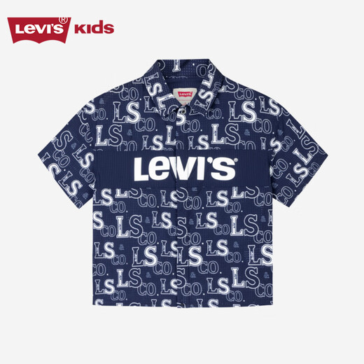 Levi's Levi's children's clothing, the same style as the mall, new summer style boys' full-print logo shirt, woven short-sleeved top, dark indigo 120/60, recommended height 110-116cm