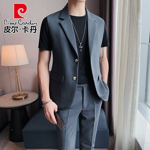 皮尔卡丹（pierre cardin）2025夏季新款男装痞帅高级感夏天无袖马甲西服西装纯色外套上衣薄 米白色 单件马甲 M 90-110斤