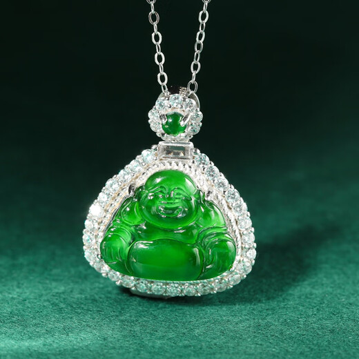 Oriental Jadeite Imperial Green Pendant S925 Silver Full Inlaid Green Smiling Mouth Always Open A-grade Jadeite Buddha Necklace Same Style for Men and Women