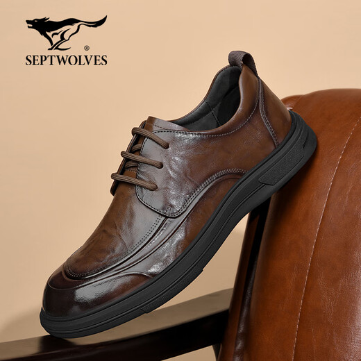 Septwolves men's shoes winter 2025 new British style first layer cowhide genuine leather shoes for men thick sole formal business casual shoes for men brown 41