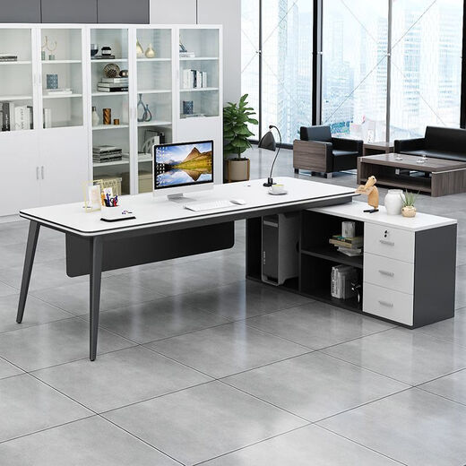 Si Keda Boss Desk Corner Desk Simple Modern Executive Desk Work Desk Staff Desk with Cabinet Manager Desk Supervisor Desk Walnut Desktop + Elegant Black Shelf 160*80 Round Corner Table Thickened + Side Cabinet