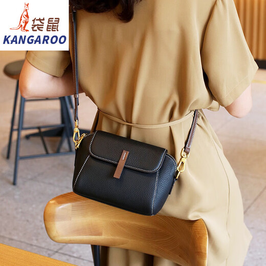 Kangaroo (KANGAROO) high-end top layer cowhide small bag women's bag real leather 2024 new trendy autumn shell bag versatile one-shoulder crossbody bag black