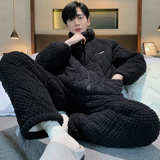 思圭冬季湖南省省服男睡衣三层夹棉袄加绒加厚珊瑚绒保暖套装高领拉链 9926男款【高领拉链夹棉+夹棉裤子】 L身高162-172体重100-125