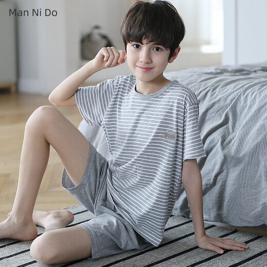 曼妮朵男童睡衣夏季新款短袖男孩纯棉儿童大童全棉薄款青少年家居服套装 N6621【双短】 160 M码建议155-160cm