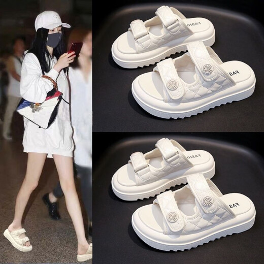 GUQIAN凉拖鞋女2025夏季外穿高级感厚底软底沙滩鞋女魔术贴一字扣凉鞋女 6628米白 38 (240mm)
