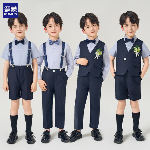 罗蒙礼服男童西装套装英伦风男宝周岁生日宴会西服花童毕业儿童演 马甲套系：马甲+长裤 90