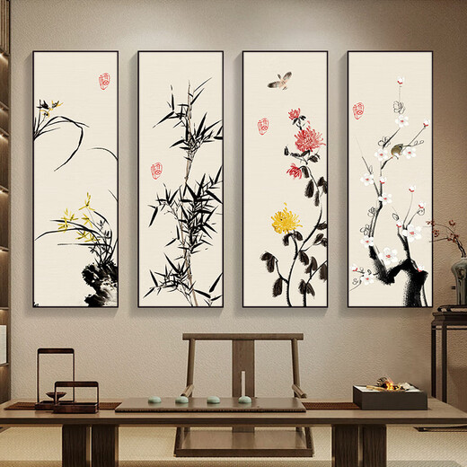 Manyu Qingsi Plum, Orchid, Bamboo and Chrysanthemum Living Room Decoration Painting Quadruple Tea Room Hanging Painting New Chinese Restaurant Sofa Background Wall Painting Ink Painting CY402 Plum, Orchid, Bamboo and Chrysanthemum 40*120cm*4 pieces Gold frame + shiny silver cloth