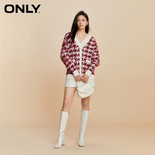ONLY气质百搭千鸟格宽松V领开衫针织衫女|12343B004 H71 红色千鸟格 M 165/84A