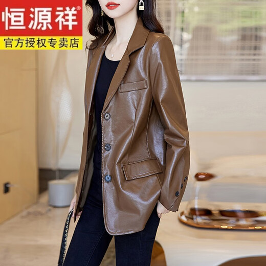恒源祥海宁真皮皮衣外套港风2023年秋季新款女士西装绵羊皮中长款皮夹克 黑色 XL