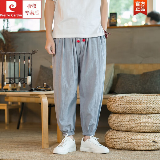 
Pierre cardin cotton wide-leg pants men's summer thin harem pants Chinese style fat man loose large size nine-point bloomers Military green 3XL