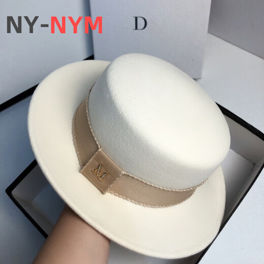 NY-NYM autumn and winter woolen French socialite white flat top hat female British retro fashion Hepburn hat black adjustable