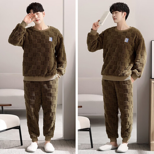 允织睡衣男士冬季珊瑚绒加厚加绒2025年新款秋冬法兰绒冬款大码家居服 9853-熟褐色 M (165) ：适合100-120斤穿着