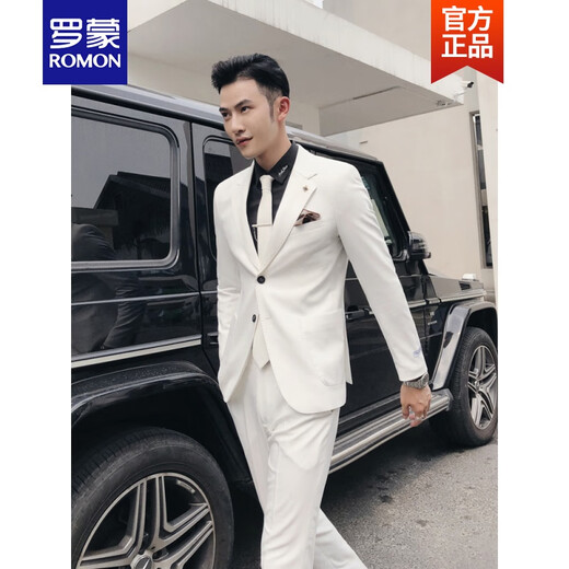 ROMON Host Clothing Men's White Suit Slim Dress Wedding Singer Performance Suit Youth Studio Suit White L Two-piece Set