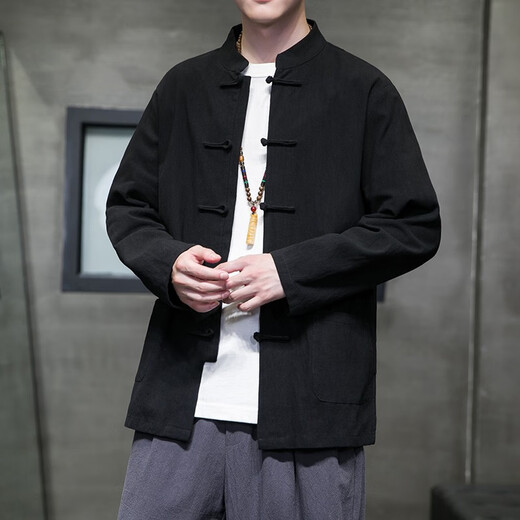 Huatianmu large size Chinese style shirt men's stand collar long sleeve retro style tunic tunic cotton and linen plate button spring and autumn jacket burgundy 3XL, recommended 150-170Jin Jin equals 0.5 kg