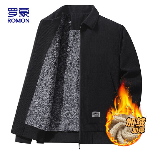 ROMON jacket men's autumn and winter lapel comfortable top business casual corduroy jacket men 2422 black thickened 3XL