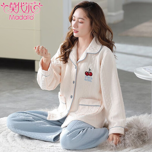 Modal de algodón de algodón de algodón de algodón de tres capas para mujeres en otoño e invierno espesado algodón puro cálido cálido cárdigan de manga larga Ropa para el hogar de dos piezas 4837# Apricot de arroz poco profundo L Recomendado 100-115Jin [Jin iguala 0.5 kg]
