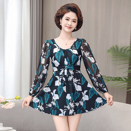 佑游泳衣女2025新款保守遮肚妈妈泳装中老年显瘦大码分体泡温泉游泳衣 14099Y黑色 2XL