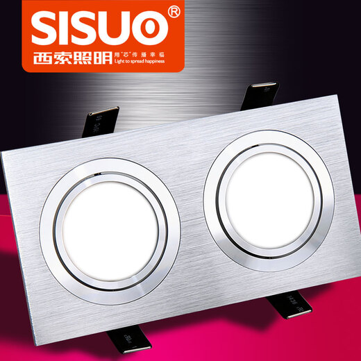 西索 LED射灯天花灯筒灯射灯6W 格栅灯斗胆灯 双头方形 黑银色 拉丝银双头射灯 6W暖白光开孔155x75mm