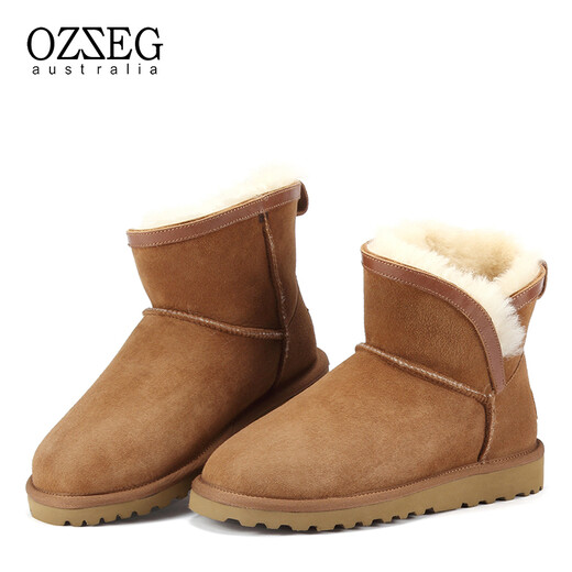 OZZEG澳洲雪地靴女冬季羊皮毛一体短筒加绒加厚保暖棉鞋厚底防滑短靴子 栗色 40