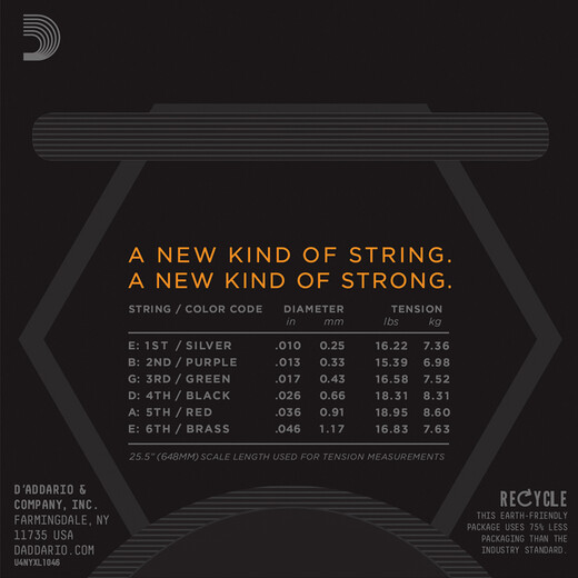 D'Addario nyxl1046 Importierte E-Gitarrenstrings, mit hohem Kohlenstoff mit hohem Kohlenstoff aus Stahlhalle, weichere 10-46
