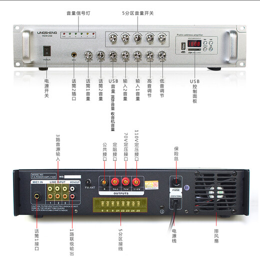 LINGSHENG high-power constant voltage and constant resistance power amplifier campus public address system 5-zone power amplifier emergency publicity emergency broadcast 200W