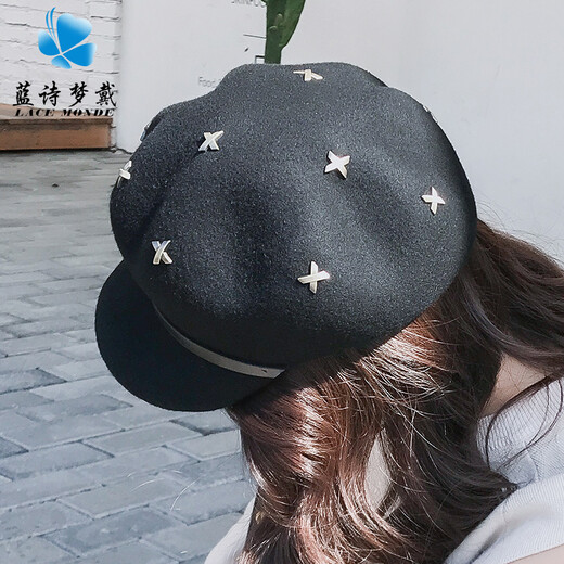 蓝诗梦戴羊毛鸭舌帽女时尚秋冬英伦贝雷帽毛呢八角帽子女礼帽蓓蕾帽保暖 装饰绳款-黑色（全羊毛）
