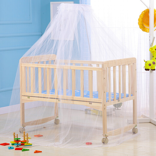 Laughing Beile solid wood crib baby cradle bed no paint variable desk can be turned sideways to merge with the adult bed small bed + mosquito net + pink Mickey five-piece set