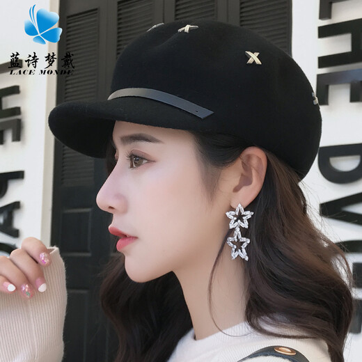 蓝诗梦戴羊毛鸭舌帽女时尚秋冬英伦贝雷帽毛呢八角帽子女礼帽蓓蕾帽保暖 装饰绳款-黑色（全羊毛）