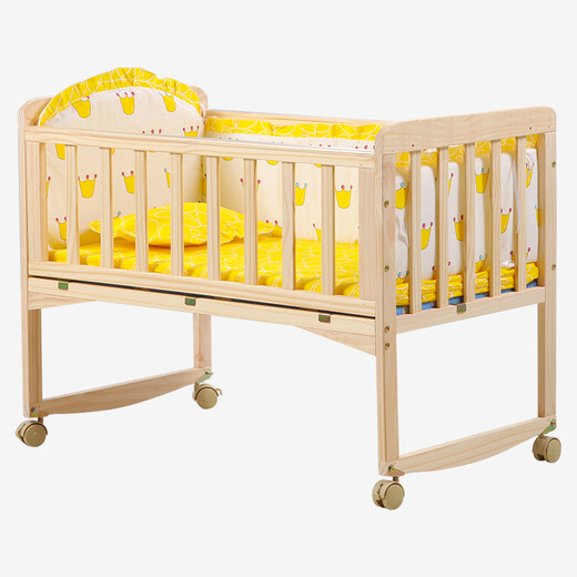 Laughing Beile solid wood crib baby cradle bed no paint variable desk can be turned sideways to merge with the adult bed small bed + mosquito net + pink Mickey five-piece set