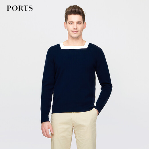 PORTS宝姿毛衣男春款男装衣服长袖圆领套头休闲针织衫男 015-CAMEL/WHITE  L